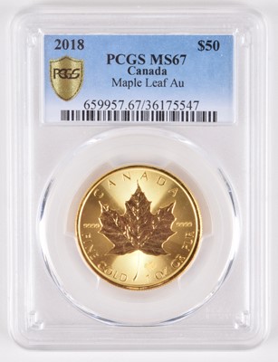 Lot 143 - Canada, Queen Elizabeth II, 50 Dollars, 2018, Maple Leaf, graded by PCGS as MS67.
