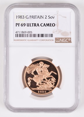 Lot 89 - Queen Elizabeth II, Proof Ultra Cameo Two Pounds, 1983, graded by NGC as PF69.
