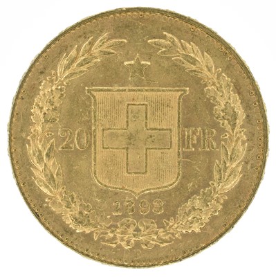 Lot 147 - Switzerland, 20 Francs, 1893 B, gold coin.