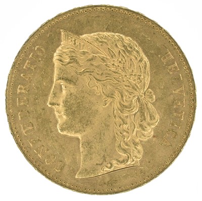 Lot 147 - Switzerland, 20 Francs, 1893 B, gold coin.