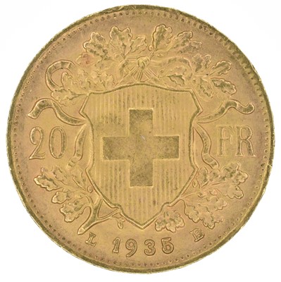 Lot 148 - Switzerland, Helvetia, 20 Francs, 1935 B, gold coin.
