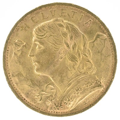 Lot 149 - Switzerland, Helvetia, 20 Francs, 1922 B, gold coin.