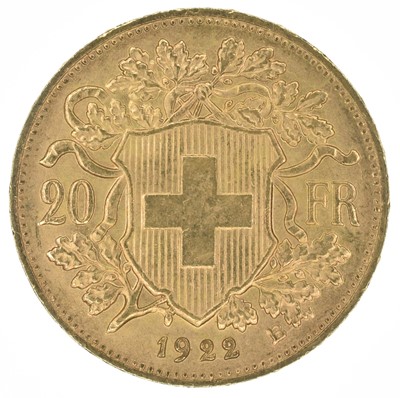 Lot 149 - Switzerland, Helvetia, 20 Francs, 1922 B, gold coin.