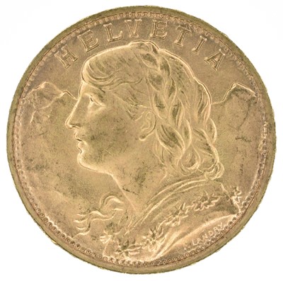Lot 150 - Switzerland, Helvetia, 20 Francs, 1947 B, gold coin.