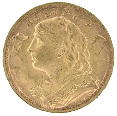 Lot 151 - Switzerland, Helvetia, 20 Francs, 1947 B, gold coin.