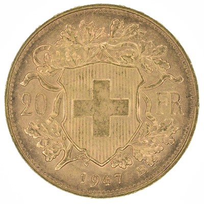 Lot 152 - Switzerland, Helvetia, 20 Francs, 1947 B, gold coin.