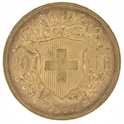 Lot 153 - Switzerland, Helvetia, 20 Francs, 1947 B, gold coin.
