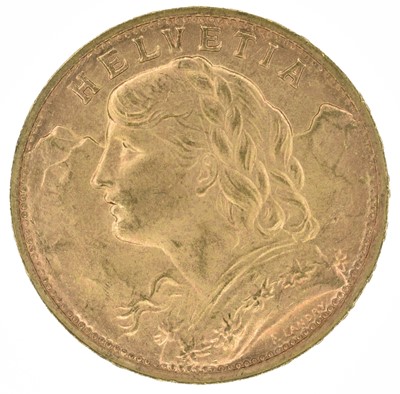 Lot 154 - Switzerland, Helvetia, 20 Francs, 1947 B, gold coin.
