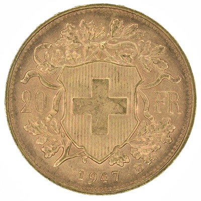 Lot 154 - Switzerland, Helvetia, 20 Francs, 1947 B, gold coin.