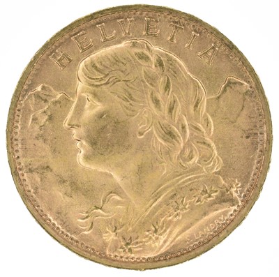 Lot 155 - Switzerland, Helvetia, 20 Francs, 1947 B, gold coin.