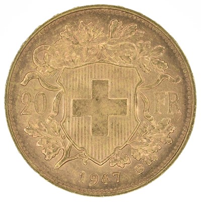Lot 156 - Switzerland, Helvetia, 20 Francs, 1947 B, gold coin.