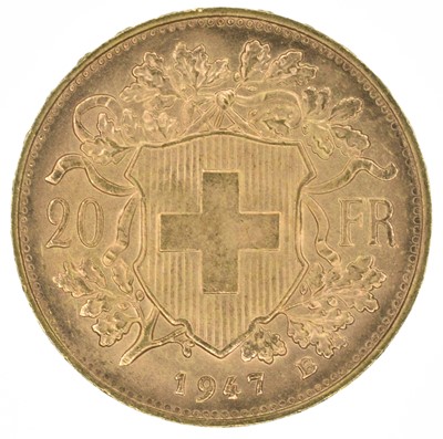 Lot 157 - Switzerland, Helvetia, 20 Francs, 1947 B, gold coin.