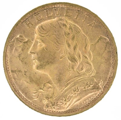Lot 157 - Switzerland, Helvetia, 20 Francs, 1947 B, gold coin.