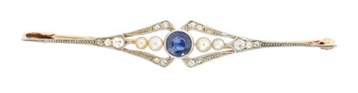 Lot 14 - An early 20th century sapphire, seed pearl and diamond bar brooch