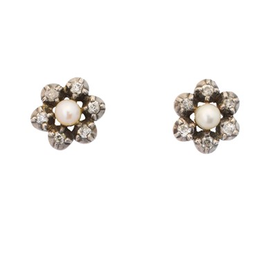 Lot 54 - A pair of pearl and diamond earrings