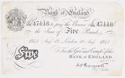 Lot 171 - A Bank of England, Black and White Series Five Pounds Banknote, 1941, K.O. Peppiatt.