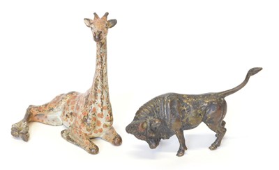 Lot 34 - Two cold painted bronze models of a giraffe and a bull