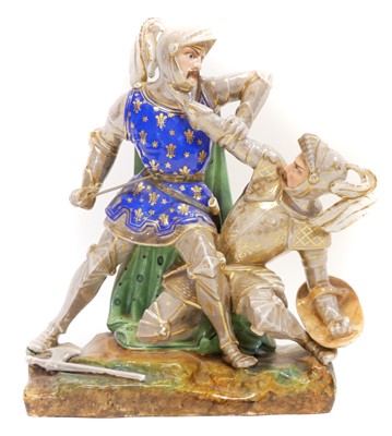 Lot 282 - Continental porcelain model of two knights in combat