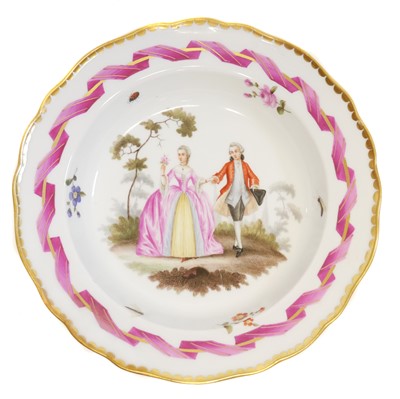 Lot 153 - Meissen bowl with pink ribbon and a couple to the centre