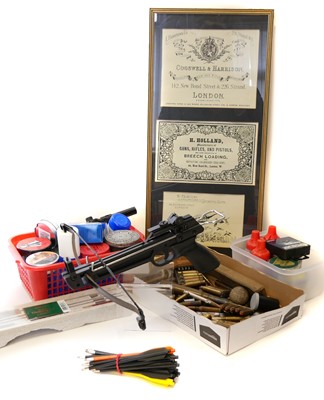 Lot 506 - Armex crossbow pistol and an assortment of shooting related items