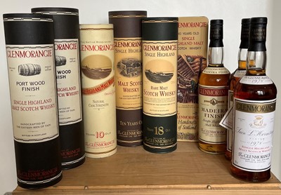 Lot 62 - 9 Bottles including 2 x 1 Litre bottles collection of various styles of Glenmorangie Highland Malt Whisky