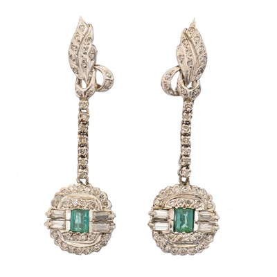 Lot 54 - A pair of emerald and diamond earrings