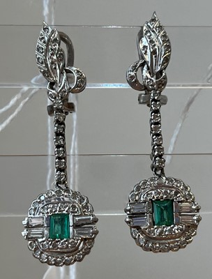 Lot 54 - A pair of emerald and diamond earrings