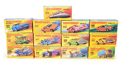 Lot 16 - 13 Lesney Matchbox Superfast boxed cars and vehicles