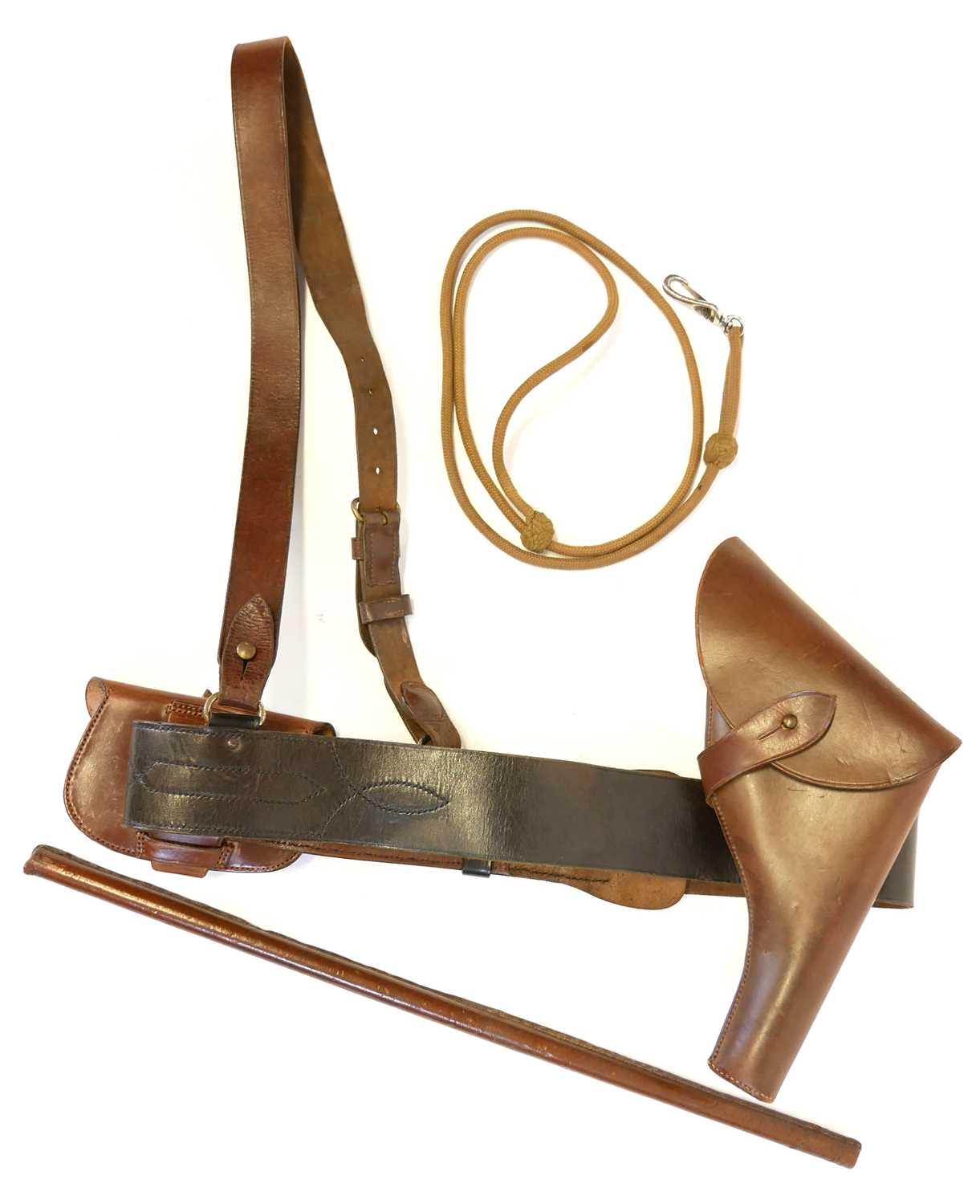 Lot 379 - Sam Browne, Webley revolver holster, ammunition pouch, lanyard, and swagger stick