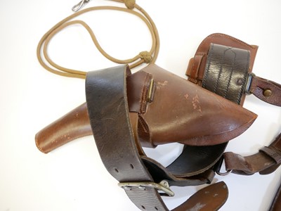 Lot 379 - Sam Browne, Webley revolver holster, ammunition pouch, lanyard, and swagger stick