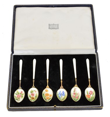 Lot 91 - A cased set of Elizabeth II silver and enamel spoons