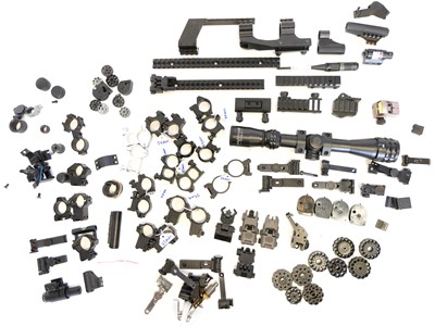 Lot 252 - Collection of scope mounts, rails, air gun magazines etc