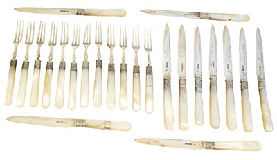 Lot 66 - A set of Victorian silver and mother of pearl handled fruit knives and forks