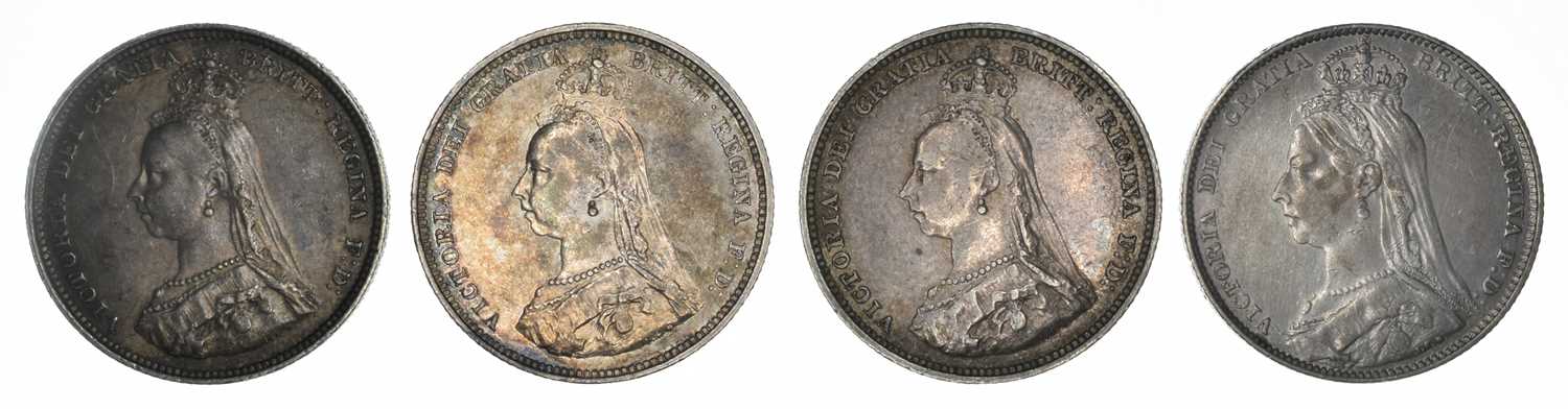 Lot 28 - Four Queen Victoria Shillings, 1887(2), 1888 and 1892 (4).