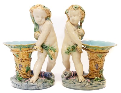Lot 136 - Pair of Minton majolica figure vases