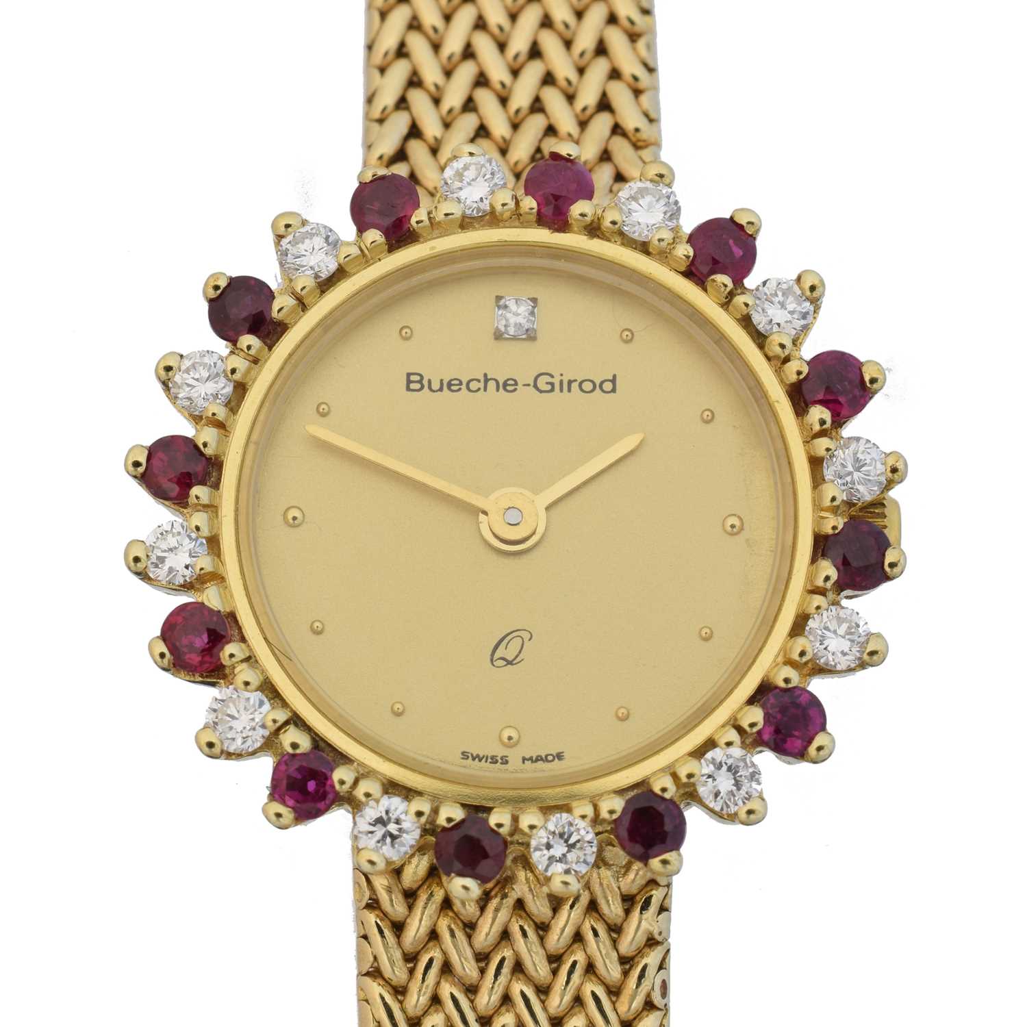 Lot 162 - A 9ct gold ruby and diamond Bueche Girod quartz wristwatch