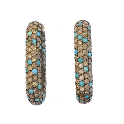 Lot 60 - A pair of turquoise and diamond hoop earrings