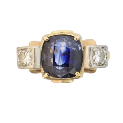 Lot 128A - A synthetic sapphire and diamond three stone ring