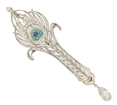 Lot 18 - An early 20th century 18ct gold gem-set peacock feather brooch