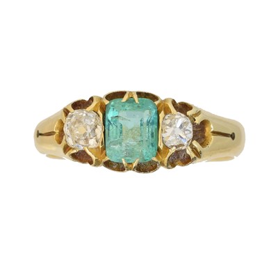 Lot 148 - A late Victorian 18ct gold emerald and diamond three stone ring