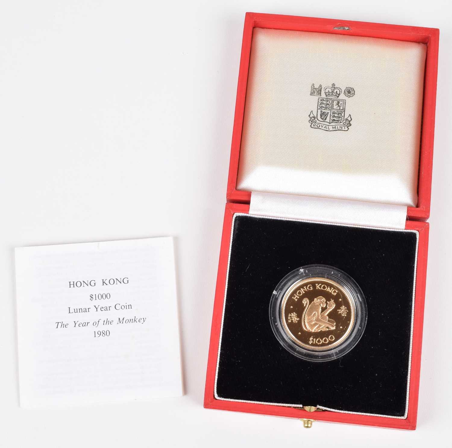 Lot Queen Elizabeth II, Hong Kong, $1000 Lunar Year Gold Proof Coin, 1980, The Year of the Monkey.