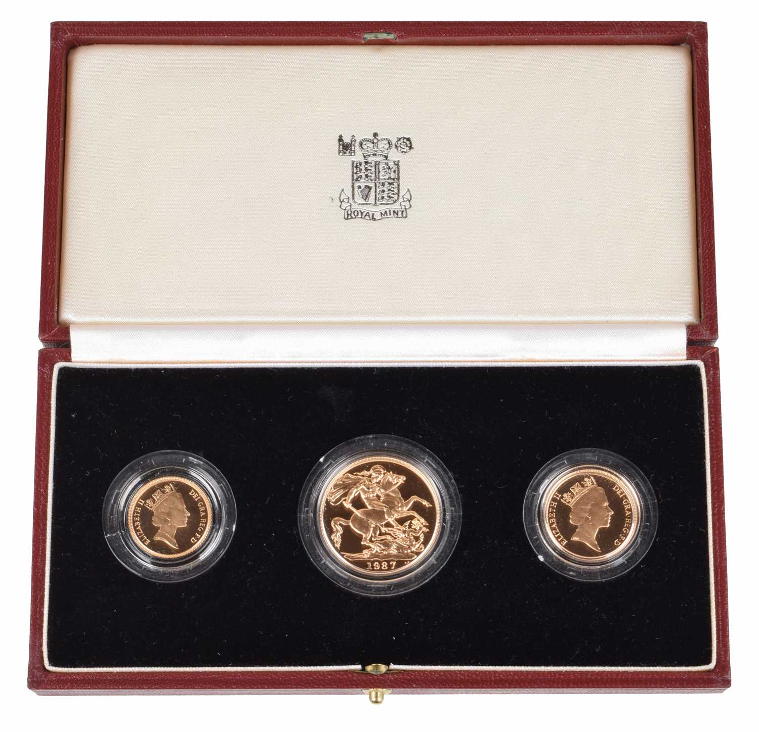 Lot Elizabeth II, United Kingdom, 1987, Gold Proof Three Coin Collection, Royal Mint.