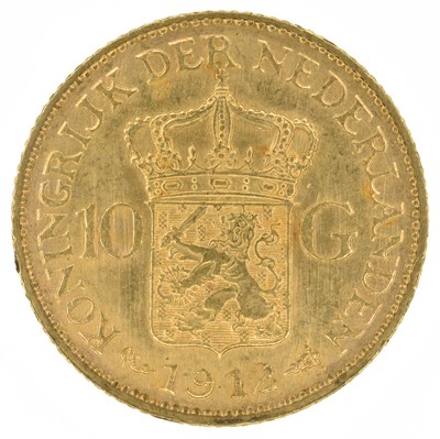Lot 91 - Netherlands, 10 Guilders, 1912, gold coin.