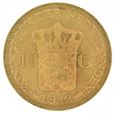 Lot 85 - Netherlands, 10 Guilders, 1912, gold coin.