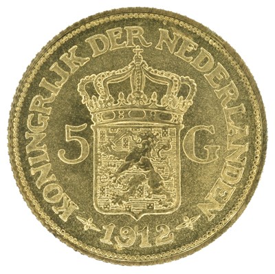 Lot 87 - Netherlands, 5 Guilders, 1912, gold coin.