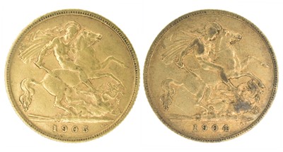 Lot 134 - Two King Edward VII, Half-Sovereigns, 1904 and 1905 (2).