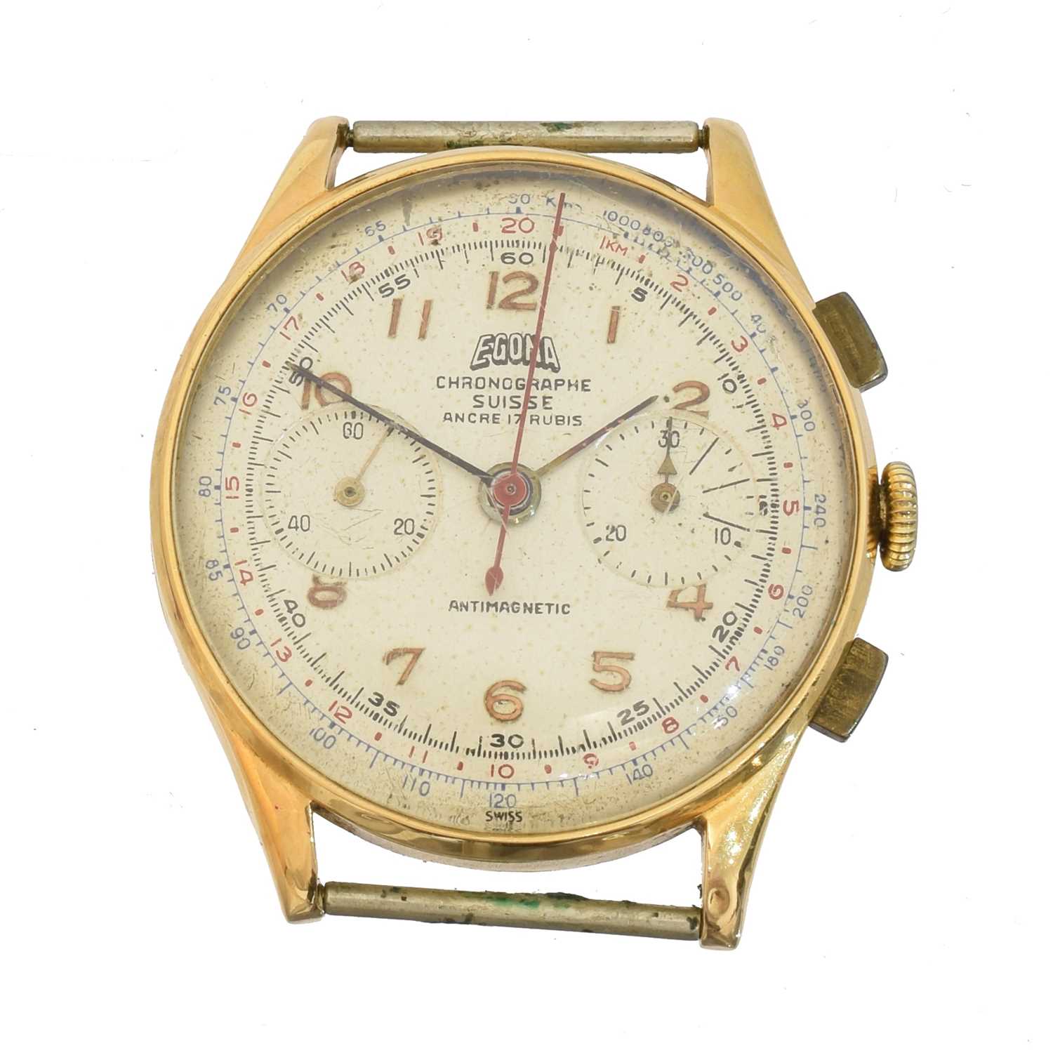 Lot 172 - A 1950s 18ct gold Egona by Chronographe Suisse chronograph wristwatch