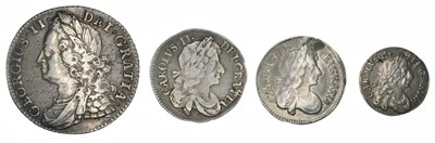 Lot 27 - Three Charles II Maundy silver coins and a George II Shilling (4).