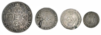 Lot 27 - Three Charles II Maundy silver coins and a George II Shilling (4).