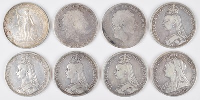 Lot 37 - 1902 Trade Dollar and seven historic silver crowns (8).